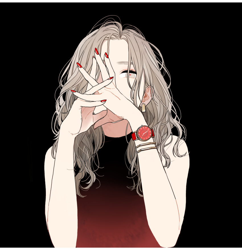 1girl absurdres black_background bracelet earrings gradient_dress grey_eyes hands_together hands_up highres jewelry kko_(um7mr) light_brown_hair original pale_skin red_nails red_pupils simple_background sleeveless solo upper_body watch watch