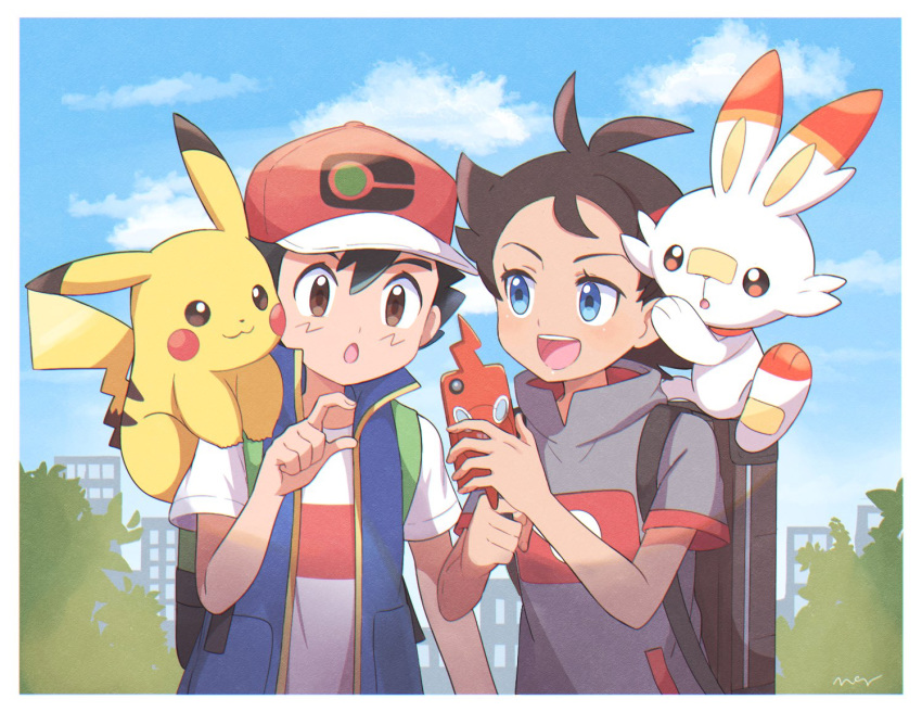 2boys :3 baseball_cap black_backpack black_hair black_shirt blue_eyes blue_vest brown_eyes cityscape clouds dark_skin dark_skinned_male gen_1_pokemon gen_8_pokemon gou_(pokemon) green_backpack hat high_collar looking_at_another looking_at_phone male_focus mei_(maysroom) multiple_boys on_shoulder open_mouth phone pikachu pokemon pokemon_(anime) pokemon_(creature) pokemon_on_shoulder pokemon_swsh_(anime) satoshi_(pokemon) scorbunny shirt sky spiky_hair tagme upper_teeth vest white_shirt