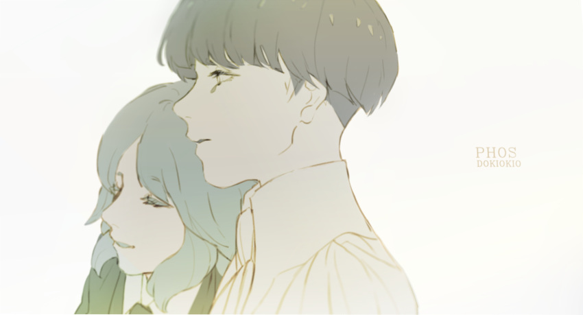 2others androgynous aqua_eyes aqua_hair bangs blue_hair blunt_bangs blurry bowl_cut colored_eyelashes depth_of_field dokiokio dual_persona eyelashes from_side highres houseki_no_kuni leaning_on_person looking_away multiple_others parted_lips phosphophyllite phosphophyllite_(ll) portrait sad short_hair simple_background smile tears time_paradox white_background