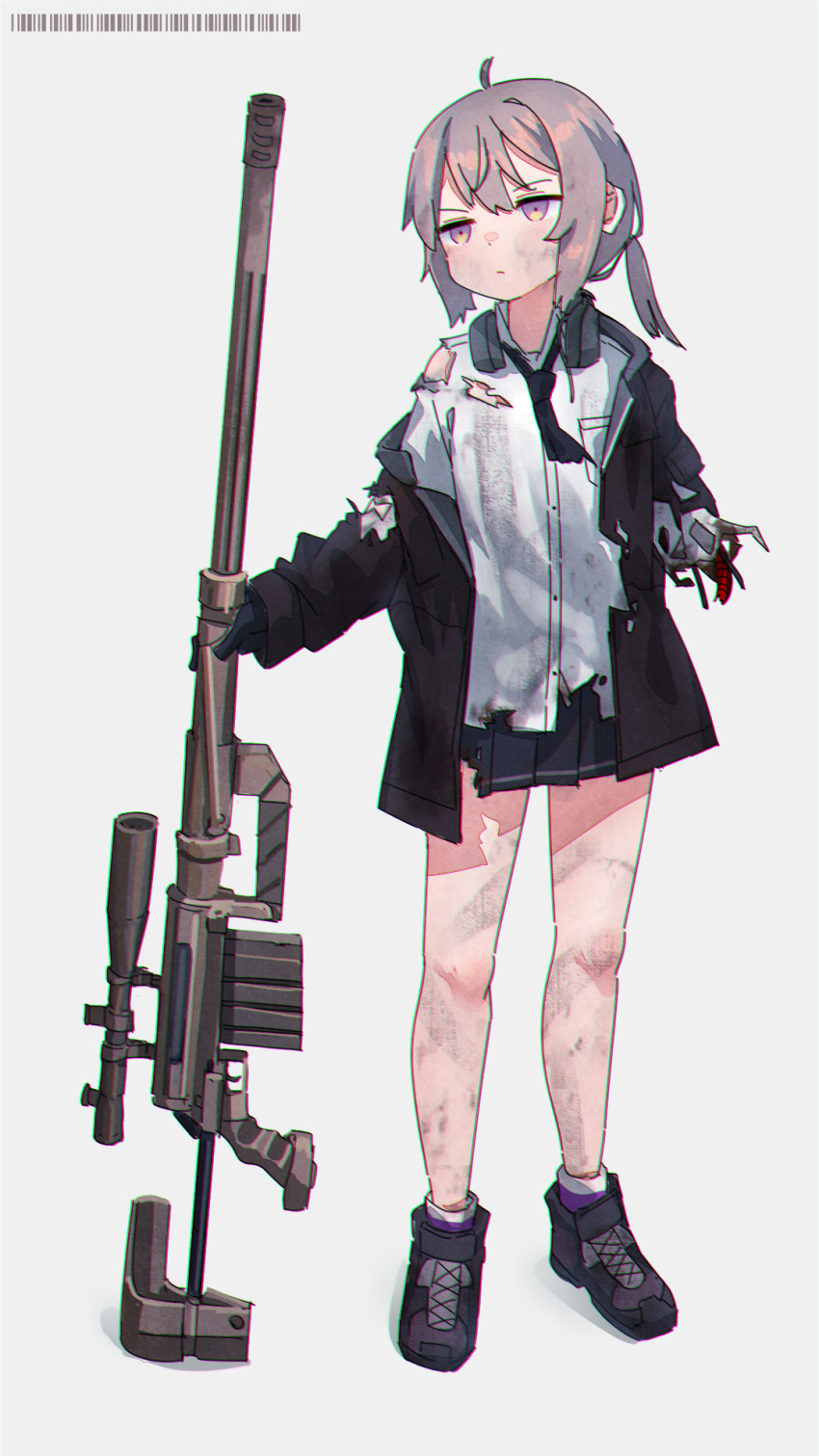 1girl ahoge android anti-materiel_rifle bangs barcode black_gloves black_neckwear black_skirt bolt_action breast_pocket brown_jacket buttons cheytac_m200 closed_mouth collared_shirt damaged dirty dirty_clothes dirty_face dress_shirt flat_chest full_body girls_frontline gloves gun headphones headphones_around_neck highres holding holding_gun holding_weapon hood hood_down hooded_jacket injury jacket kuro_kosyou lavender_eyes light_brown_hair looking_afar loose_necktie low_ponytail m200_(girls_frontline) mechanical_arm muzzle_brake necktie off_shoulder open_clothes open_jacket pleated_skirt pocket popped_collar rifle scope shirt shoes sidelocks simple_background skirt sniper_rifle sniper_scope socks solo torn_clothes weapon white_background white_shirt