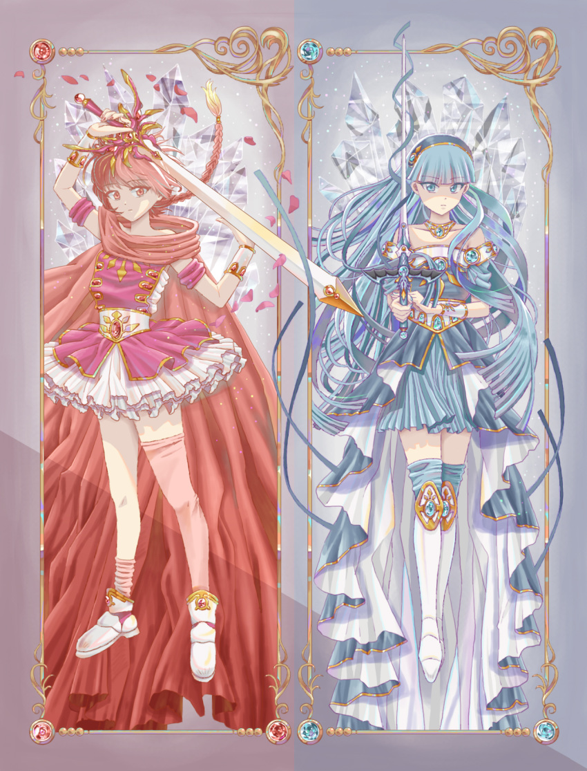 2girls bangs blue_dress blue_eyes blue_hair blue_headband braid braided_ponytail dress headband highres holding holding_sword holding_weapon long_hair looking_at_viewer low-tied_long_hair magic_knight_rayearth magical_girl multiple_girls rapier red_dress red_eyes redhead runrun ryuuzaki_umi shidou_hikaru sword thigh-highs weapon