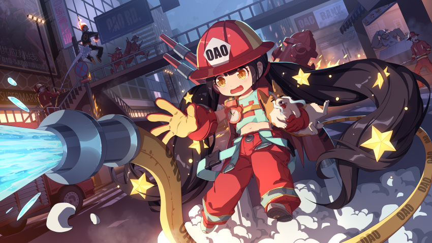 1girl 6+boys absurdres alternate_costume black_hair boots breasts brown_hair building character_request child crying daye_bie_qia_lian dog fire_helmet fire_hydrant fire_jacket firefighter gloves hat helmet highres hijinrui_gakuen huge_filesize jacket long_hair multiple_boys navel open_mouth outdoors solo solo_focus star_(symbol) streaming_tears tagme tears twintails very_long_hair yellow_eyes
