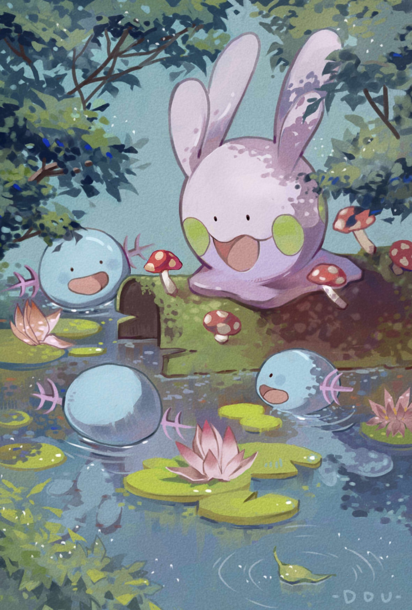artist_name blue_background chinese_commentary commentary_request creature dappled_sunlight dou_(doudouzi) flower fly_agaric gen_2_pokemon gen_6_pokemon goomy highres lily_pad log lotus mushroom no_humans open_mouth outdoors pokemon pond ripples smile sunlight swimming wooper