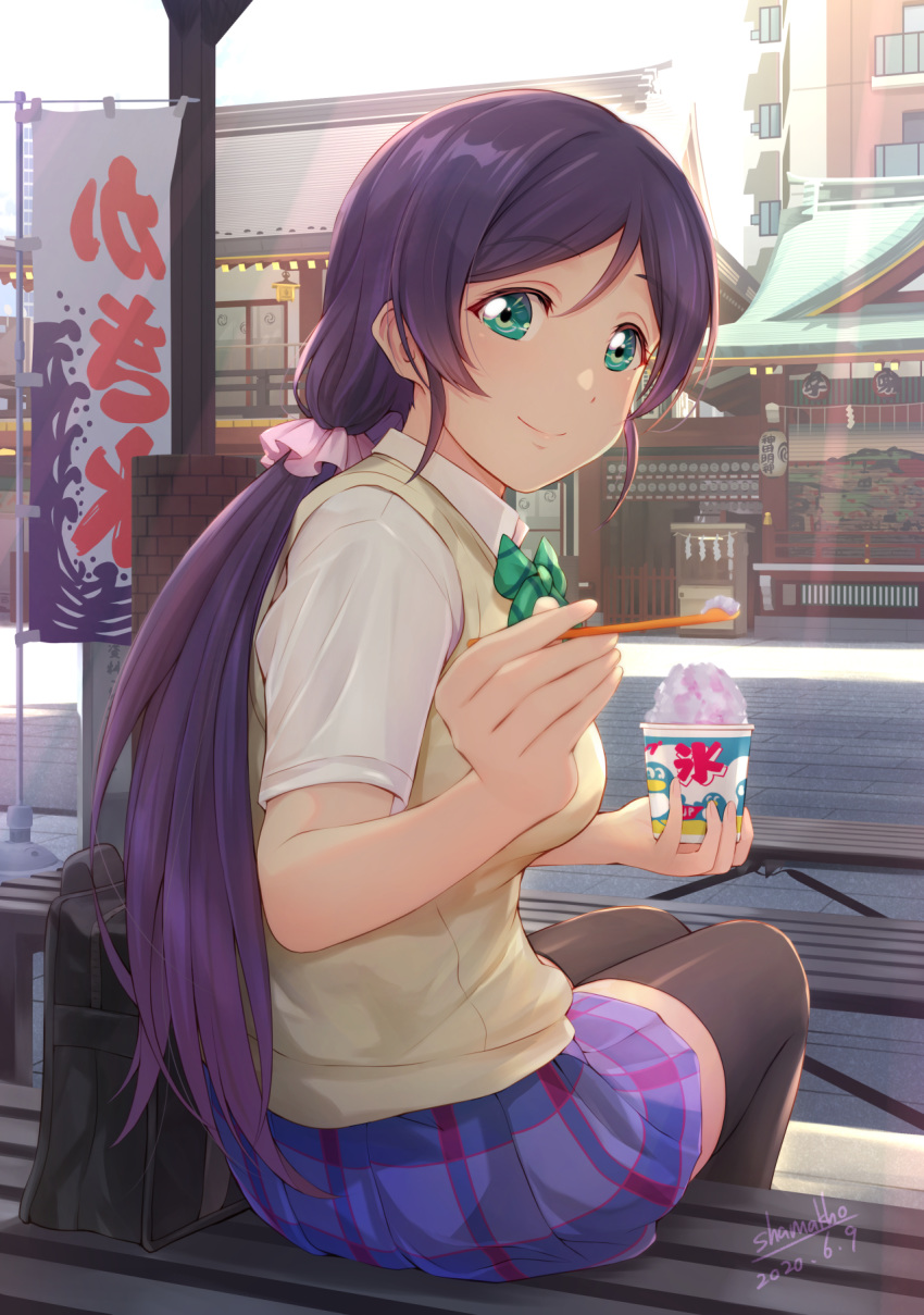 1girl aqua_eyes architecture bangs bench black_legwear breasts checkered checkered_skirt closed_mouth collared_shirt commentary east_asian_architecture eyebrows_visible_through_hair green_eyes highres holding holding_spoon kanda_shrine large_breasts long_hair looking_at_viewer love_live! love_live!_school_idol_project low_twintails otonokizaka_school_uniform outdoors parted_bangs pink_scrunchie purple_hair school_uniform scrunchie shamakho shaved_ice shirt short_sleeves sitting skirt smile solo spoon thigh-highs toujou_nozomi twintails vest white_shirt yellow_vest