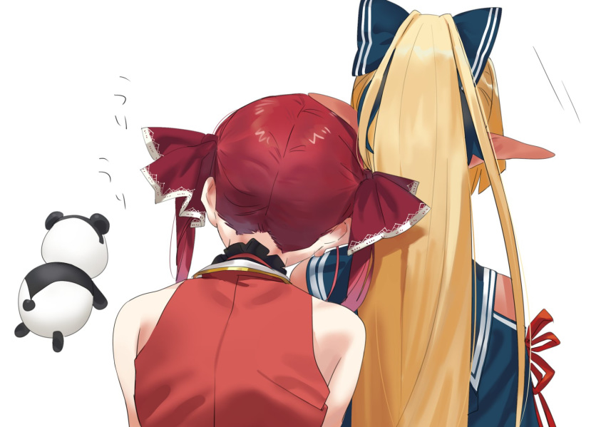 2girls back blonde_hair blue_bow blue_dress bow commentary dress from_behind hair_bow hair_ribbon highres hololive houshou_marine jacket kintsuba_(flare_channel) leaning_on_person long_hair medium_hair multiple_girls no_hat no_headwear pointy_ears ponytail red_jacket redhead ribbon shiranui_flare shoulder_cutout simple_background sleeveless sleeveless_jacket twintails upper_body virtual_youtuber white_background yomosaka