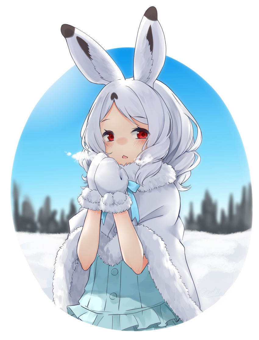 1girl animal_ears arctic_hare_(kemono_friends) blue_neckwear blue_shirt blue_skirt blush breath bunny_girl capelet commentary_request cowboy_shot curly_hair eyebrows_visible_through_hair frilled_skirt frills fur_trim gloves highres isobee kemono_friends neck_ribbon oval_background rabbit_ears red_eyes ribbon shirt short_hair skirt solo warming_hands white_capelet white_fur white_gloves white_hair