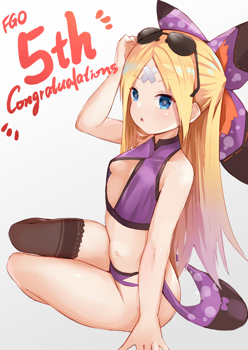 1girl abigail_williams_(fate/grand_order) absurdres alternate_costume bandaid_on_forehead bangs bare_arms bare_shoulders black_bow black_legwear blonde_hair blue_eyes bow breasts character_request collarbone commentary_request eyebrows_visible_through_hair eyewear_on_head fate/grand_order fate_(series) gradient gradient_background grey_background hair_bow highres large_bow long_hair looking_at_viewer multicolored_bow navel number orange_bow panties parted_bangs piliheros2000 purple_bow purple_panties purple_shirt shirt simple_background single_thighhigh sitting small_breasts solo sunglasses thigh-highs underwear white_background