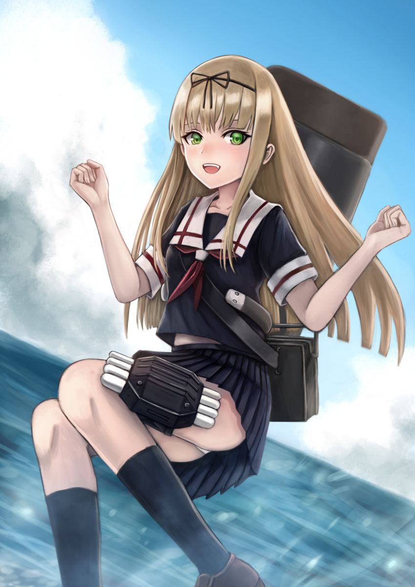 1girl absurdres black_serafuku blonde_hair clouds green_eyes highres kantai_collection long_hair ocean panties pantyshot rigging school_uniform serafuku sky smile smokestack solo straight_hair torpedo underwear user_aprc7252 water yuudachi_(kantai_collection)