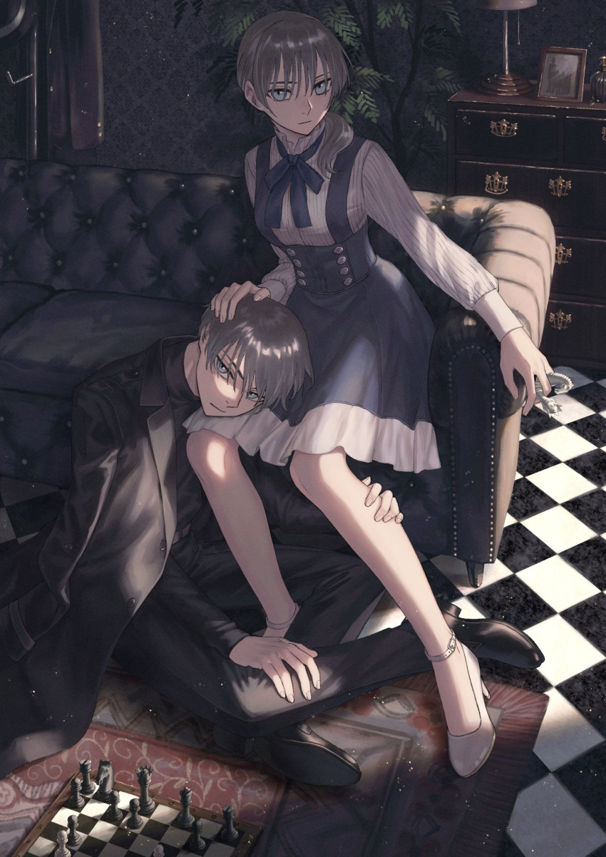 1boy 1girl 1hara_nobu bangs black_footwear black_jacket black_pants black_shirt blue_eyes blue_skirt brown_hair checkered checkered_floor chess_piece chest couch crossed_legs frilled_shirt_collar frills hand_on_another's_head high_heels highres holding indoors jacket jacket_on_shoulders lamp lap_pillow looking_at_viewer on_floor original pants picture_frame plant ponytail rug shirt sitting skirt striped striped_shirt sunlight suspender_skirt suspenders white_footwear white_shirt