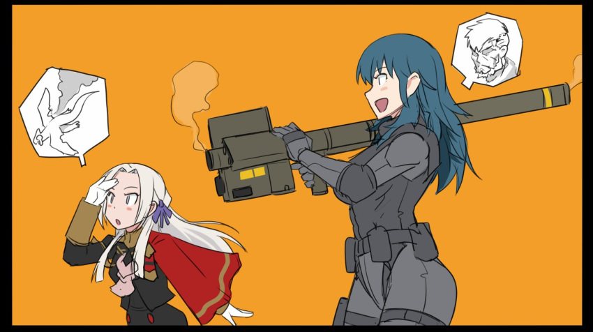 blue_hair blush byleth_(fire_emblem) byleth_eisner_(female) cape edelgard_von_hresvelg fire_emblem fire_emblem:_three_houses hair_ribbon long_hair medium_hair metal_gear_(series) mikoyan military military_uniform red_cape ribbon rocket_launcher smile uniform violet_eyes weapon white_hair