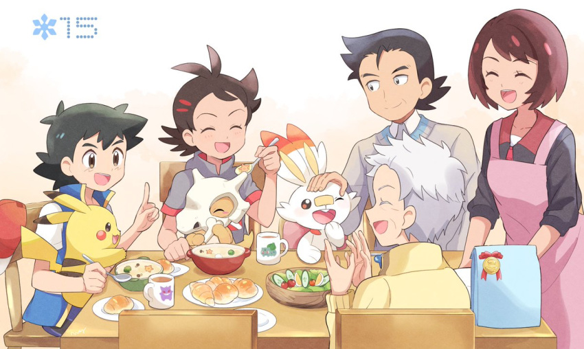 2girls 3boys :d apron baseball_cap black_hair black_sweater blue_jacket blue_shorts blush bone bowl bread brown_hair bulbasaur chair character_print closed_eyes collared_shirt creature cubone cup dark_skin dark_skinned_male dinner episode_number family father_and_son food gen_1_pokemon gen_8_pokemon gengar gou_(pokemon) grandmother_and_grandson grey_hair grey_shirt grey_sweater happy hat hat_removed headwear_removed holding holding_bone holding_spoon husband_and_wife ikuo_(pokemon) index_finger_raised jacket kurune_(pokemon) looking_at_another mei_(maysroom) mother_and_son mug multiple_boys multiple_girls number old_woman on_chair on_lap one_eye_closed open_mouth petting pikachu pink_apron plate pokemon pokemon_(anime) pokemon_(creature) pokemon_on_lap pokemon_swsh_(anime) rabbit red_headwear salad satoshi_(pokemon) scorbunny shirt short_hair shorts sitting sitting_on_lap sitting_on_person smile soup spoon standing starter_pokemon staryu sweater table themed_object tome_(pokemon) upper_teeth white_shirt wrinkles yellow_sweater |d