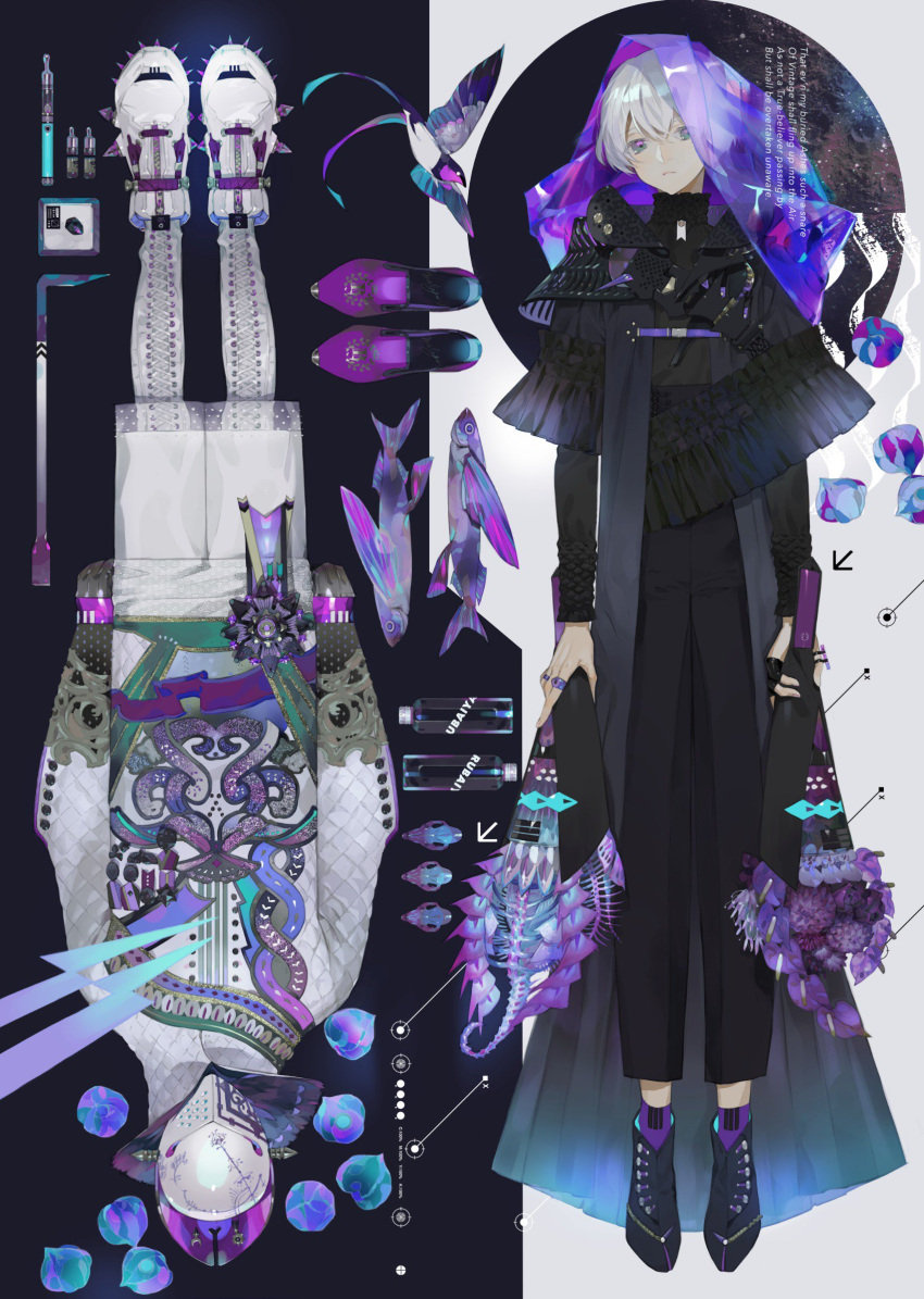 1boy 1other abstract ambiguous_gender aqua_eyes bird black_legwear bouquet buttons cross-laced_clothes english_text fish flower flying_fish frills glitter gloves helmet hidden_face high-waist_pants high_collar highres jewelry multicolored multicolored_eyes nishihara_isao original polka_dot purple_flower ring see-through shoelaces shoes short_hair spiked_footwear spikes surreal violet_eyes white_hair zipper