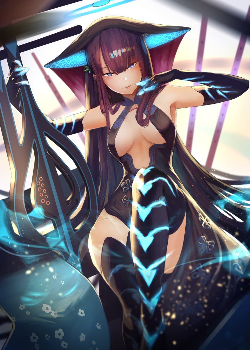 1girl backlighting bangs bare_shoulders black_dress black_gloves black_headwear black_legwear blue_eyes blunt_bangs blush breasts center_opening dress elbow_gloves fate/grand_order fate_(series) floral_print flute gloves hair_ornament hand_up highres instrument knee_up large_breasts leaf_hair_ornament long_hair looking_at_viewer okoru_ringo parted_lips pipa_(instrument) purple_hair sitting smile thigh-highs thighs very_long_hair yang_guifei_(fate/grand_order)