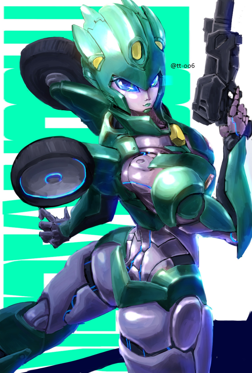 1girl ass autobot blue_eyes from_above green_lips gun highres holding holding_gun holding_weapon looking_back looking_up mecha moonracer oberon826 open_hand shadow transformers weapon