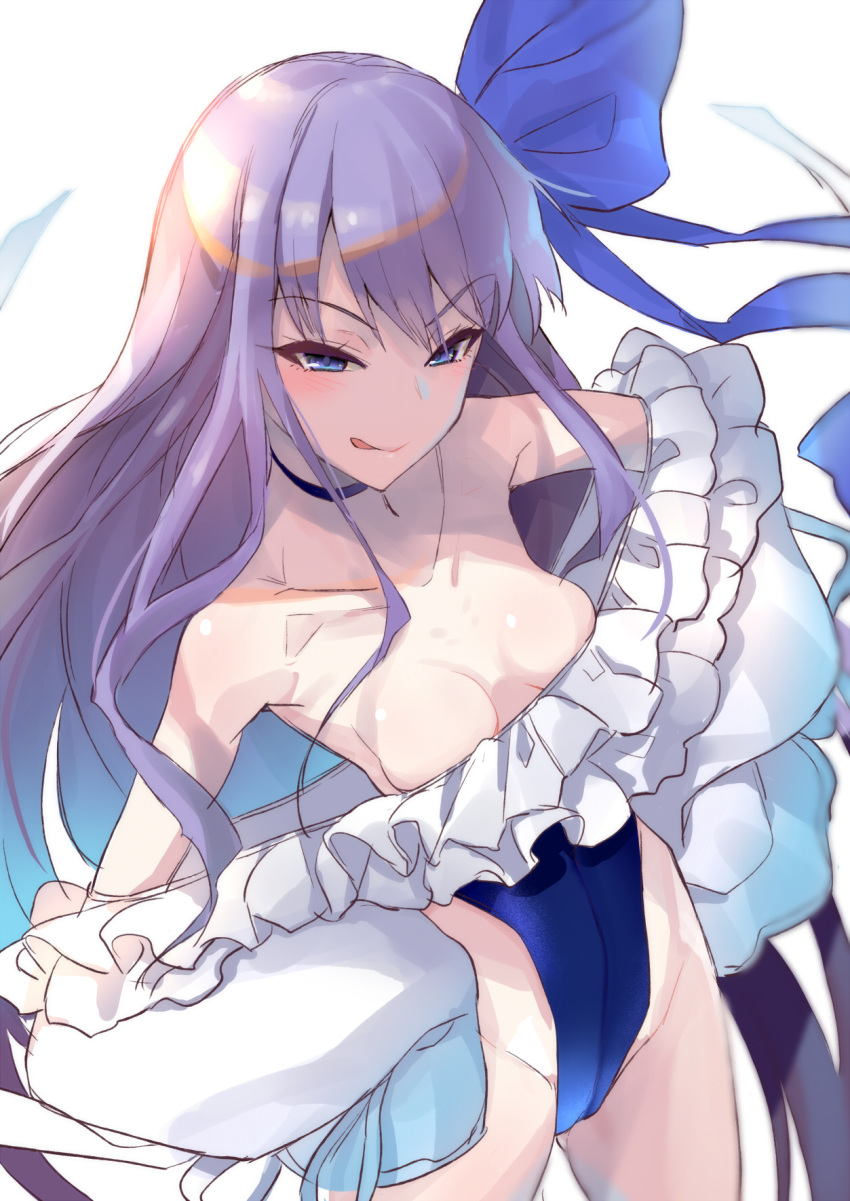 1girl bangs bare_shoulders blue_eyes blue_ribbon blush breasts choker closed_mouth collarbone fate/grand_order fate_(series) frills hair_ribbon hands_on_hips highleg highleg_swimsuit highres licking_lips long_hair long_sleeves looking_at_viewer meltryllis meltryllis_(swimsuit_lancer)_(fate) off-shoulder_swimsuit one-piece_swimsuit puffy_sleeves purple_hair ribbon simple_background sleeves_past_fingers sleeves_past_wrists small_breasts smile swimsuit thighs tongue tongue_out very_long_hair white_background white_ribbon yamaguchi_(shinigami-no-barad)
