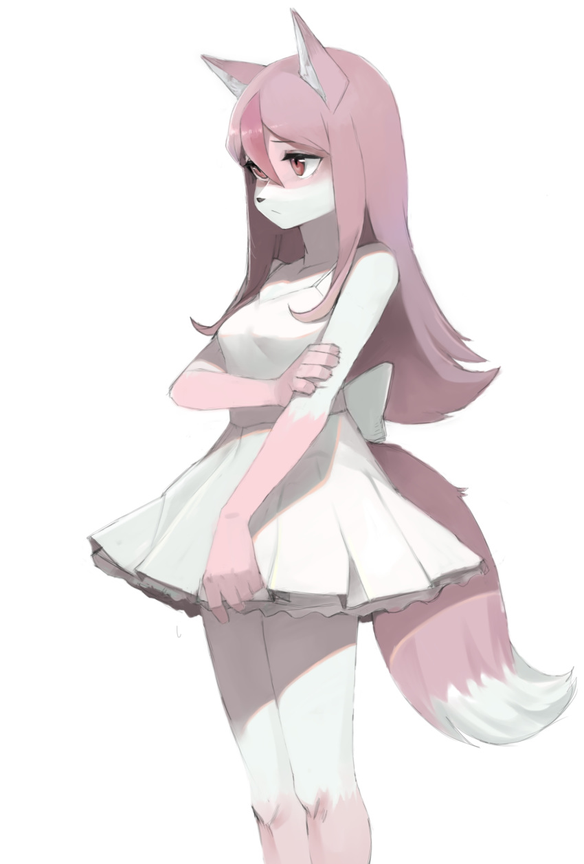 1girl animal_ears back_bow bangs bare_shoulders bow brand_new_animal breasts chinese_commentary claws closed_mouth collarbone commentary_request crayon_(crayon1006) dress english_commentary fox_ears fox_tail frilled_dress frills furry hair_between_eyes hand_up highres hiwatashi_nazuna long_hair mixed-language_commentary multicolored_hair no_humans pink_hair red_eyes shiny shiny_hair short_dress simple_background sleeveless sleeveless_dress small_breasts solo spaghetti_strap standing streaked_hair tail white_background white_dress