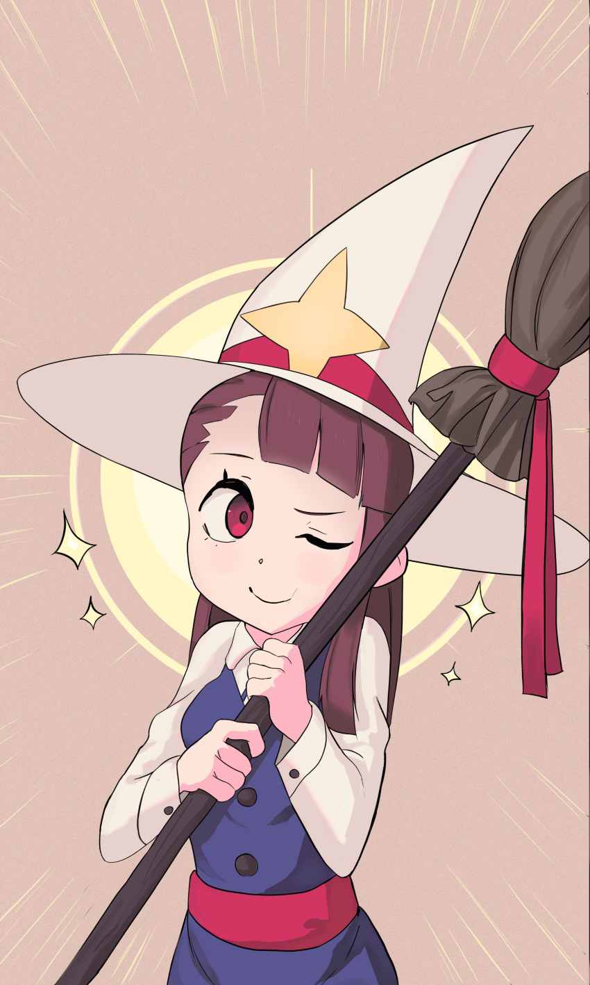 1girl absurdres brown_hair hat highres kagari_atsuko little_witch_academia one_eye_closed red_eyes smile subudraws witch witch_hat