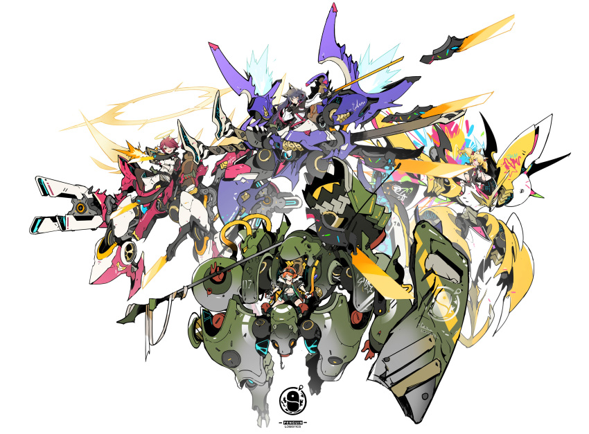 4girls absurdres animal_ear_fluff animal_ears antennae arknights bandeau bangs belly belt black_clothes black_gloves black_hair black_headwear black_jacket black_legwear black_shorts black_sleeves blonde_hair character_name chinese_commentary commentary_request croissant_(arknights) exusiai_(arknights) fingerless_gloves firing full_body gloves glowing glowing_wings gun hair_over_one_eye halo hammer highres holding holding_gun holding_microphone holding_shield holding_sword holding_weapon hook horns id_card jacket long_hair long_sleeves looking_at_viewer mecha microphone multiple_girls name_tag navel necktie open_clothes open_jacket orange_eyes orange_hair outstretched_arm pantyhose penguin_logistics_(arknights) penguin_logistics_logo pointing_weapon purple_hair red_eyes red_neckwear redhead shield shinnasuka025 short_hair shorts sitting skirt smile sora_(arknights) submachine_gun sword texas_(arknights) twintails visor_cap weapon white_background white_gloves white_jacket wide_sleeves wings wolf_ears