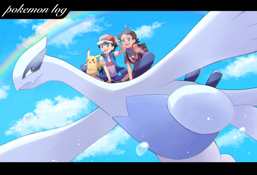 2boys :3 :d backpack bag baseball_cap black_pants black_shirt blue_shorts blue_sky cellphone clouds cloudy_sky commentary_request copyright_name day english_text flying gen_1_pokemon gen_2_pokemon gen_4_pokemon gou_(pokemon) hand_on_headwear hat highres holding holding_phone indian_style legendary_pokemon lugia male_focus mei_(maysroom) multiple_boys open_mouth pants phone pikachu pokemon pokemon_(anime) pokemon_(creature) pokemon_swsh_(anime) rainbow riding riding_pokemon rotom rotom_phone satoshi_(pokemon) shirt shorts sitting sky smartphone smile standing upper_teeth water_drop white_shirt