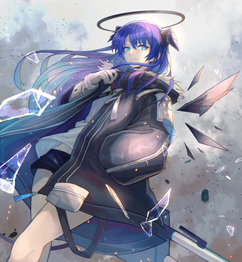 1girl aqua_eyes arknights bare_legs black_coat black_shorts blue_hair breasts broken_glass closed_mouth clouds cloudy_sky coat commentary cowboy_shot demon_horns detached_wings english_commentary eyebrows_visible_through_hair fur-trimmed_hood fur_trim glass gloves grey_sky hair_between_eyes halo highres holding holding_staff hood horns light_smile long_hair looking_at_viewer midriff_peek mostima_(arknights) ohako_(ohako1818) open_clothes open_coat outdoors shirt short_shorts shorts sky small_breasts smile solo staff thighs white_gloves white_shirt wings