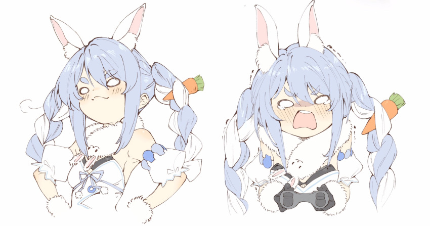 &gt;:) 1girl animal_ear_fluff animal_ears arm_cuffs blue_hair blush braid breasts bunny_girl carrot carrot_hair_ornament closed_mouth coat controller doyagao eyebrows_visible_through_hair food_themed_hair_ornament fur-trimmed_gloves fur_scarf fur_trim game_controller gloves hair_ornament hands_on_hips highres hololive joker_(tomakin524) light_blue_hair long_braid long_hair open_mouth rabbit_ears scarf smile smug solo thick_eyebrows trembling twin_braids upper_body usada_pekora v-shaped_eyebrows virtual_youtuber white_coat white_hair