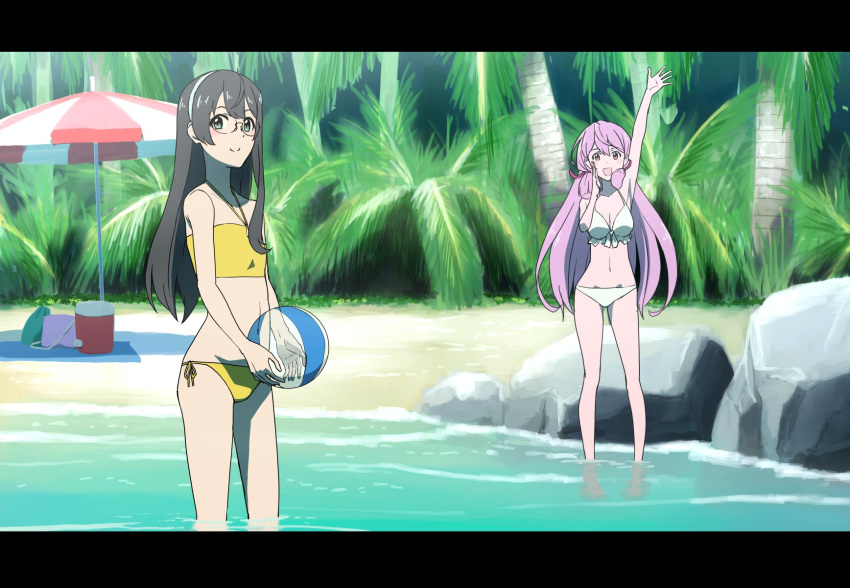 2girls akashi_(kantai_collection) bag ball beach beach_umbrella beachball bikini black_hair commentary_request cooler cowboy_shot feet_out_of_frame flat_chest frilled_bikini frills front-tie_top full_body green_eyes hair_ribbon hairband halter_top halterneck highres kantai_collection letterboxed long_hair looking_at_viewer mikan_29344886 multiple_girls ooyodo_(kantai_collection) pink_hair ribbon side-tie_bikini soaking_feet standing swimsuit tress_ribbon umbrella white_bikini white_hairband yellow_bikini