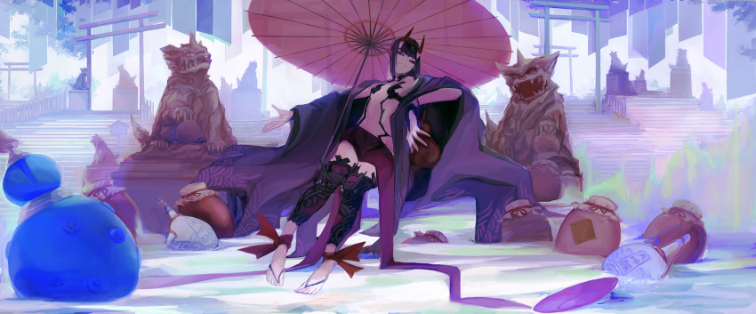 1girl bangs bare_shoulders barefoot_sandals bob_cut breasts bridal_gauntlets closed_mouth cup eyeliner fate/grand_order fate_(series) feet gourd headpiece highres horns japanese_clothes jar kimono leaning_back legs long_sleeves looking_at_viewer makeup oni oni_horns open_clothes open_kimono oriental_umbrella pointy_ears purple_hair purple_kimono revealing_clothes sakazuki short_hair shuten_douji_(fate/grand_order) sitting skin-covered_horns small_breasts smile stairs statue taitaip torii umbrella violet_eyes water wide_sleeves