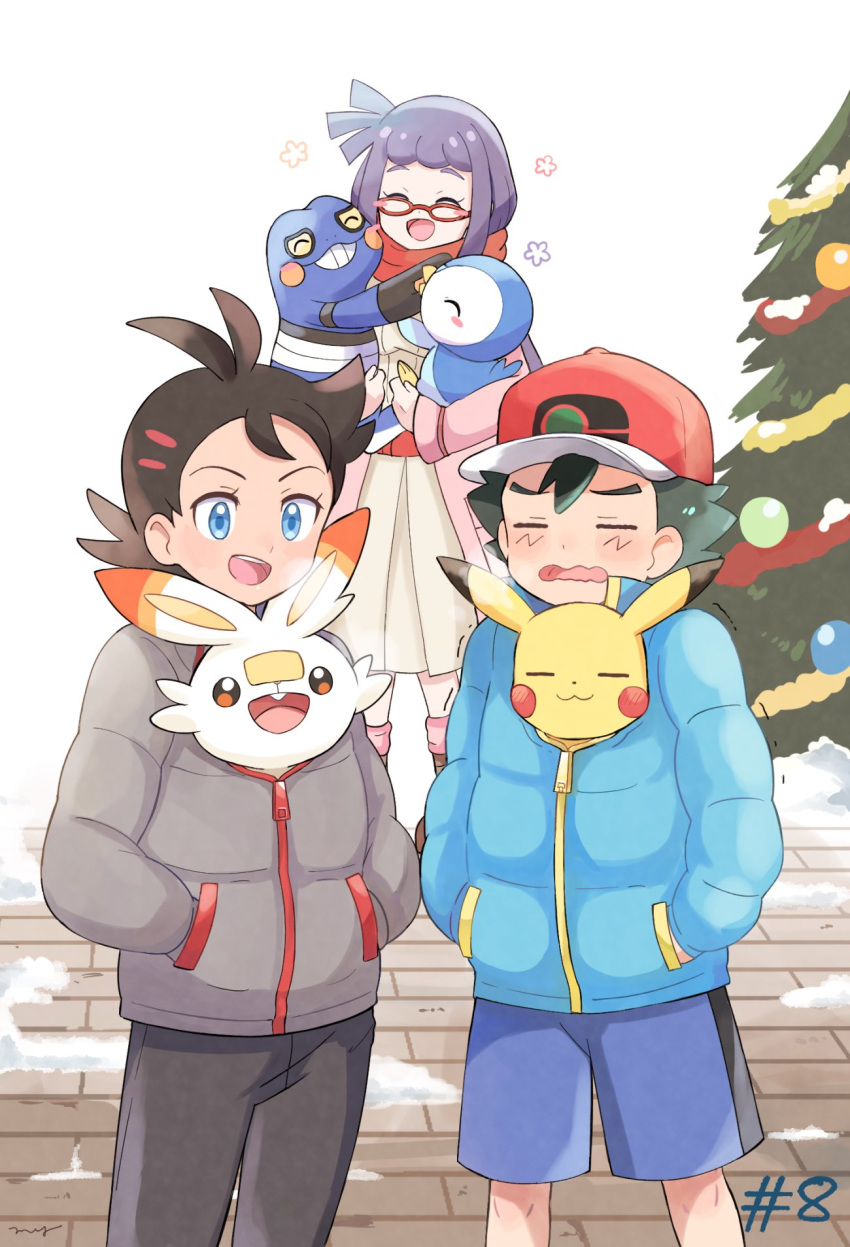 1girl 2boys bird black_hair black_pants blue_coat blue_eyes blue_shorts blush_stickers breath christmas_tree closed_eyes coat cold commentary_request creature croagunk dark_skin dark_skinned_male dress episode_number gen_1_pokemon gen_4_pokemon gen_8_pokemon glasses gou_(pokemon) grey_coat grin hands_in_pockets highres hug inside_clothes jacket long_hair looking_at_another mei_(maysroom) misaki_(pokemon) multiple_boys number open_mouth pants penguin pikachu pink_jacket piplup pokemon pokemon_(anime) pokemon_(creature) pokemon_swsh_(anime) purple_hair rabbit red_scarf road satoshi_(pokemon) scarf scorbunny shorts signature smile snow starter_pokemon street tree trembling wavy_mouth white_dress winter_clothes winter_coat |d