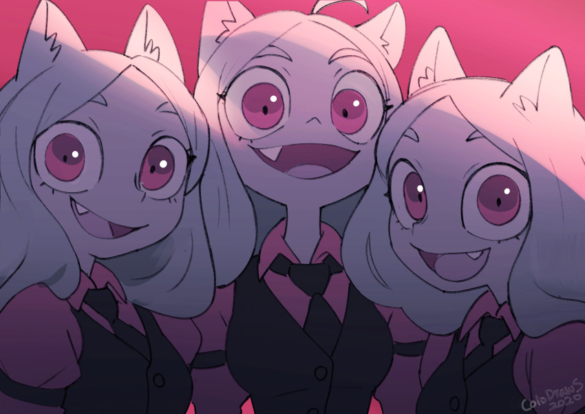 3girls absurdres animal_ears black_neckwear black_vest cerberus_(helltaker) colo_(nagrolaz) dog_ears fang helltaker highres looking_at_viewer multiple_girls necktie open_mouth red_eyes red_shirt shirt smile vest white_hair