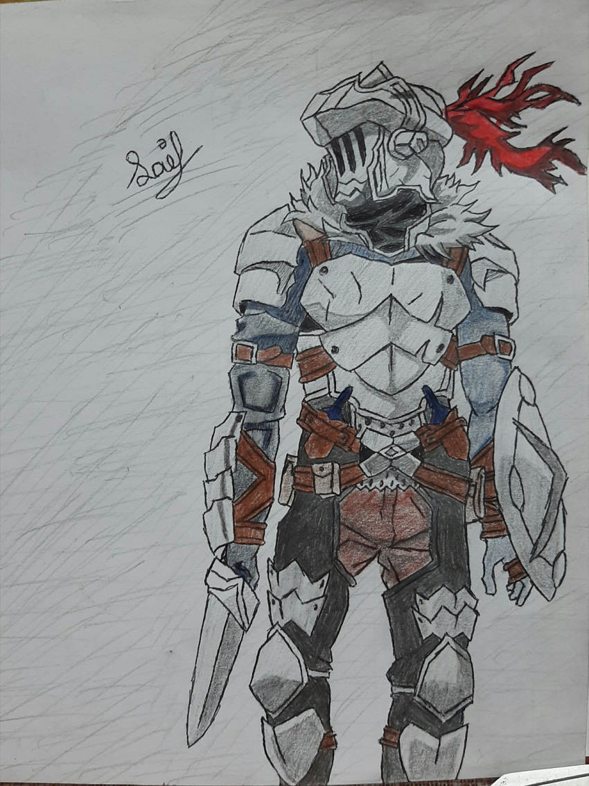 absurdres alterrecs armor armored_boots belt blade boots breastplate gloves goblin_slayer goblin_slayer! graphite_(medium) greaves highres holding holding_sword holding_weapon looking_to_the_side shield sword traditional_media weapon