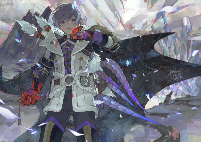 1boy after_battle armor blood blood_on_face blood_splatter bloody_clothes bloody_weapon buckle fur_trim gauntlets greaves grey_hair highres holding holding_sword holding_weapon monster monster_hunter monster_hunter:_world nishihara_isao outdoors short_hair sword violet_eyes weapon wiping_face