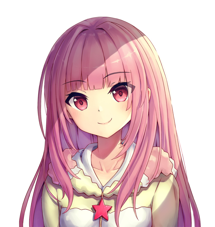 1girl eyebrows_visible_through_hair face highres hood jacket long_hair looking_at_viewer magia_record:_mahou_shoujo_madoka_magica_gaiden mahou_shoujo_madoka_magica nishino_wind pink_eyes pink_hair simple_background smile solo tamaki_iroha upper_body white_background white_jacket