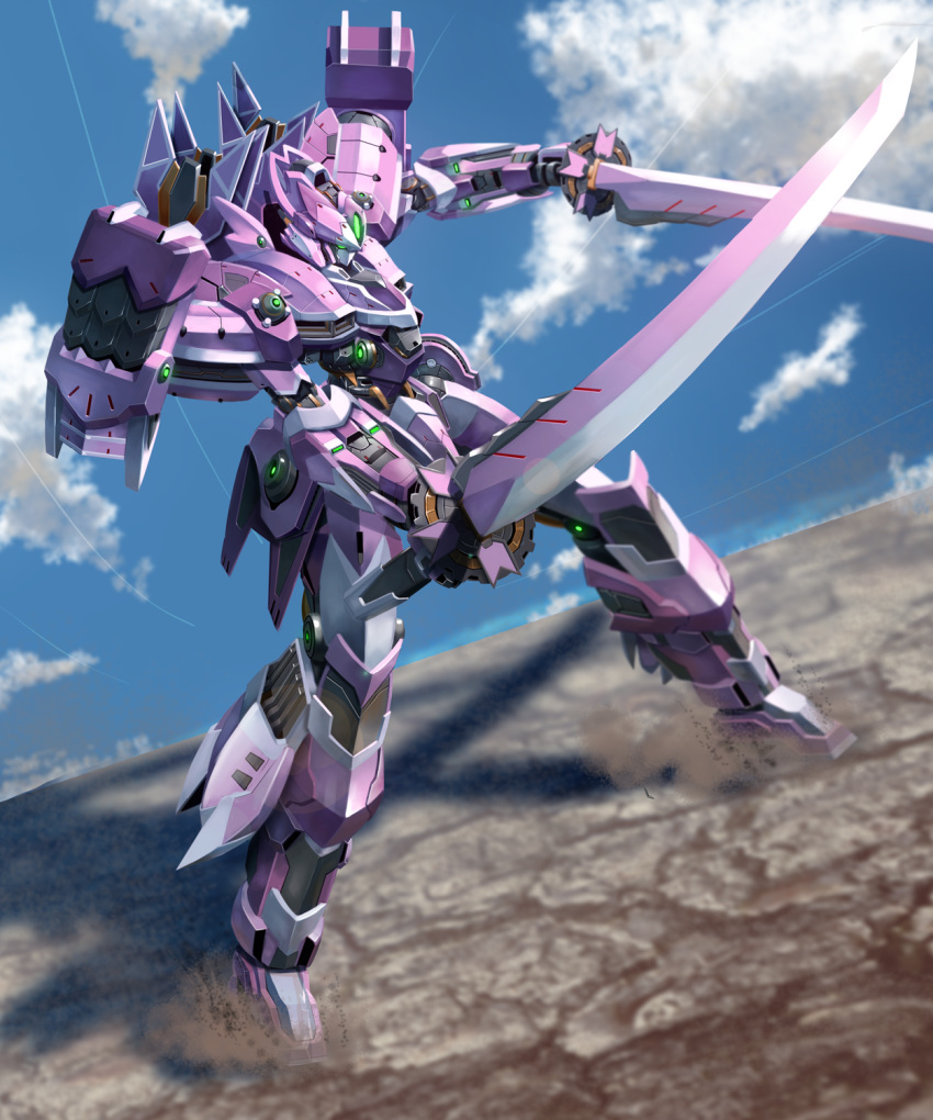 clouds dual_wielding green_eyes highres holding holding_sword holding_weapon looking_down mecha moyashi_(karamisouma) original robot sliding standing sword weapon