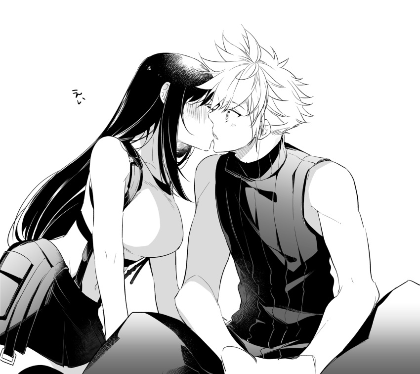 1boy 1girl bare_arms black_hair blonde_hair blush breasts closed_eyes cloud_strife final_fantasy final_fantasy_vii final_fantasy_vii_remake highres kiss large_breasts leaning_forward long_hair midriff monochrome muscle sitting skirt sports_bra surprise_kiss surprised tank_top thigh-highs tifa_lockhart uniform white_background