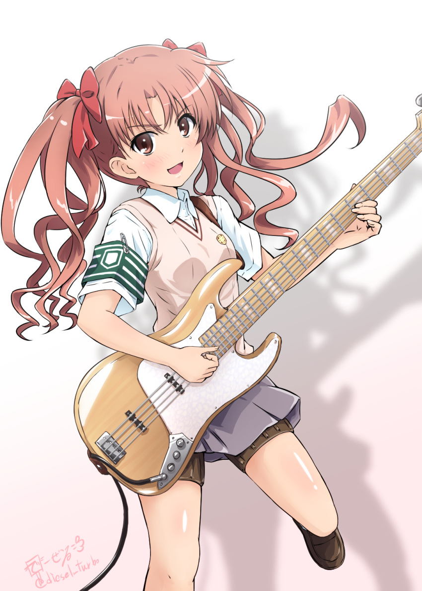 1girl artist_name beige_vest blush brown_eyes brown_hair collared_shirt commentary_request diesel-turbo electric_guitar eyebrows_visible_through_hair floating_hair grey_skirt guitar hair_between_eyes hair_ribbon highres instrument leg_up loafers looking_at_viewer music open_mouth playing_instrument ribbon shadow shirai_kuroko shirt shoes simple_background skirt solo thigh_strap to_aru_kagaku_no_railgun to_aru_majutsu_no_index twintails vest white_background white_shirt
