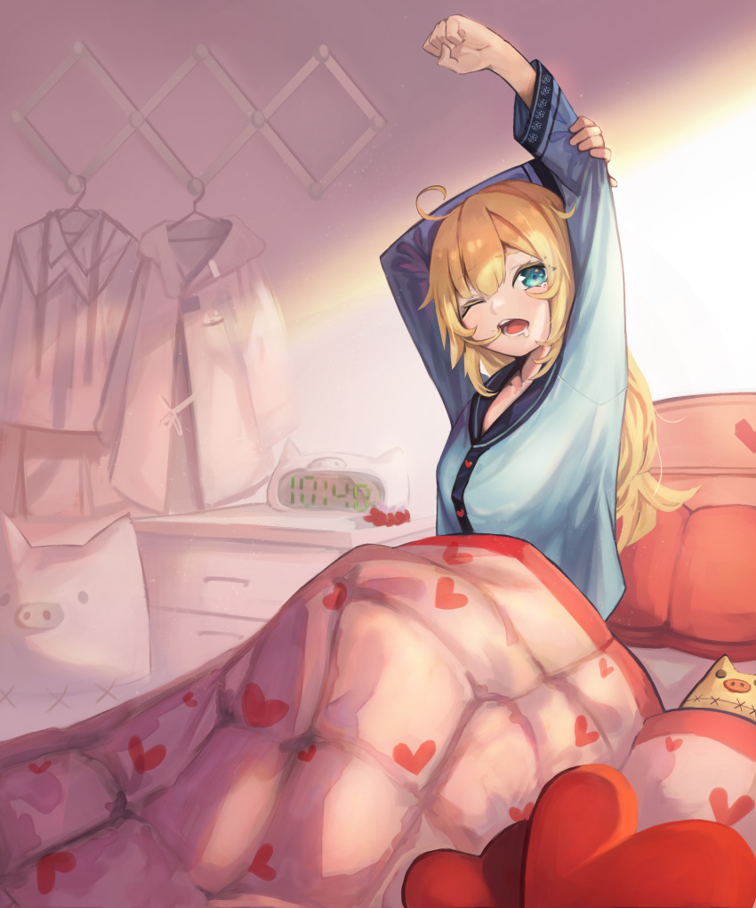 1girl absurdres ahoge akai_haato alarm_clock alternate_costume bed bedroom blanket blonde_hair blue_eyes blue_shirt breasts clenched_hand clock clothes_hanger commentary day digital_clock drooling haaton_(haato_channel) heart heart_print highres hololive indoors long_hair long_sleeves looking_at_viewer medium_breasts one_eye_closed open_mouth pajamas pillow pyytato saliva scrunchie_removed shirt sitting solo stretch stuffed_animal stuffed_pig stuffed_toy sunlight under_covers virtual_youtuber waking_up
