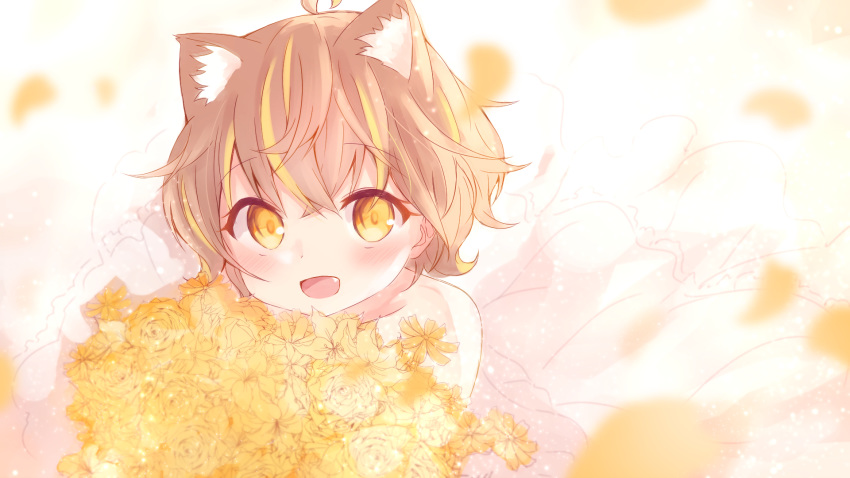 1girl :d ahoge animal_ear_fluff animal_ears bangs bare_shoulders blonde_hair blurry blurry_background blush bouquet brown_hair collarbone commentary_request depth_of_field dress eyebrows_visible_through_hair fang flower hair_between_eyes highres maka_neko miru_annin miru_annin_channel multicolored_hair open_mouth rose see-through smile solo streaked_hair virtual_youtuber yellow_eyes yellow_flower yellow_rose