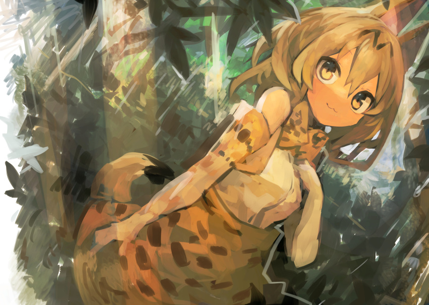 1girl :3 absurdres animal_ears bangs bare_shoulders blonde_hair bow bowtie breasts dutch_angle elbow_gloves foliage gloves hair_between_eyes hand_on_own_chest high-waist_skirt highres kaamin_(mariarose753) kemono_friends long_hair looking_at_viewer medium_breasts multicolored_hair outdoors serval_(kemono_friends) serval_print shirt sidelocks skirt solo streaked_hair sunlight tail tree white_shirt yellow_eyes