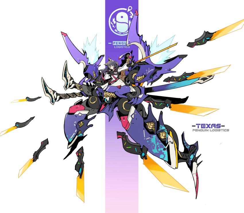 1girl absurdres animal_ear_fluff animal_ears arknights bangs belt black_gloves black_hair character_name chinese_commentary commentary_request fingerless_gloves gloves highres holding holding_sword holding_weapon jacket long_hair long_sleeves looking_at_viewer mecha outstretched_arm penguin_logistics_logo pointing_weapon purple_theme shinnasuka025 sitting sword texas_(arknights) weapon white_background white_jacket wolf_ears