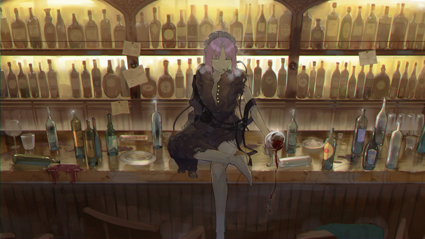 1girl alcohol android bar barefoot bottle chair cigarette commentary cup drinking_glass green_eyes highres joints kurohal maid_headdress note original pink_hair plate robot_joints serious shirt sitting skirt smoking solo spilling torn_clothes torn_shirt torn_skirt unbuttoned unbuttoned_shirt wine wine_bottle wine_glass
