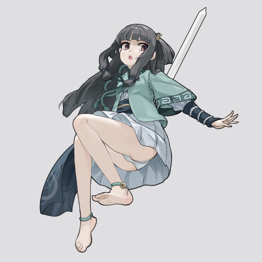 1girl ankle_bell ass bangs barefoot bell black_hair brown_eyes eyebrows_visible_through_hair grey_background highres jingle_bell long_hair obi open_clothes open_mouth original outstretched_arm panties pleated_skirt sash shirt short_sleeves simple_background skirt soles solo sword too-ye underwear v-shaped_eyebrows very_long_hair weapon white_panties white_shirt white_skirt wide_sleeves