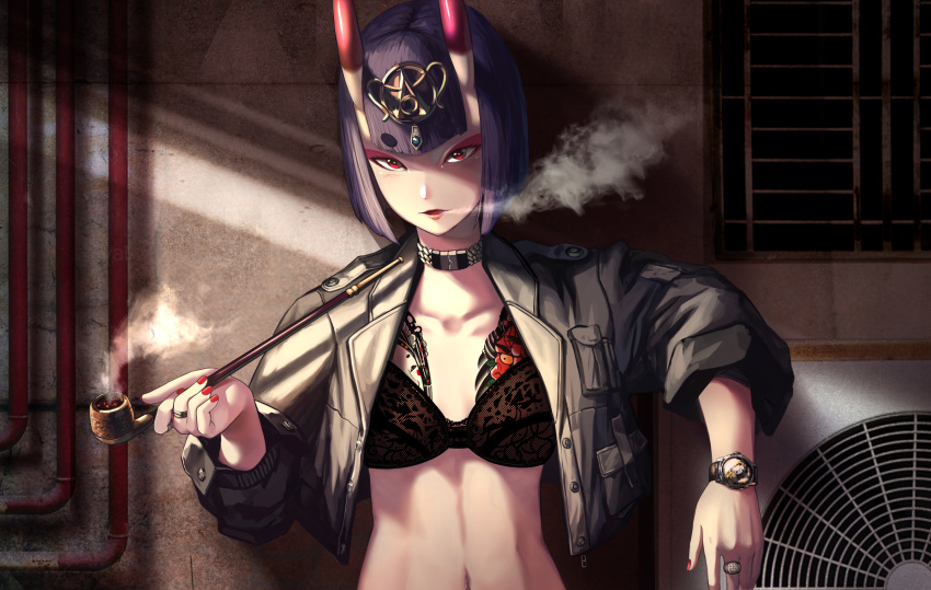 1girl bangs bare_shoulders black_bra black_jacket blush bob_cut bra breasts chest_tattoo collar collarbone eyeliner fate/grand_order fate_(series) headpiece highres horns jacket long_sleeves looking_at_viewer makeup navel okoru_ringo oni oni_horns open_clothes open_jacket pipe purple_hair short_eyebrows short_hair shuten_douji_(fate/grand_order) skin-covered_horns small_breasts smile smoke smoking tattoo underwear violet_eyes