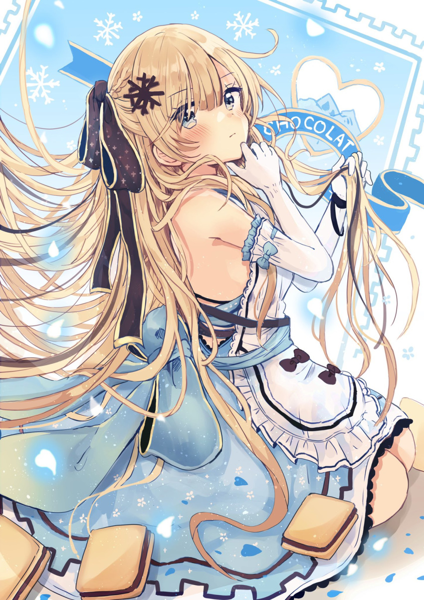 1girl apron bangs bare_shoulders black_bow blonde_hair blue_eyes blue_ribbon blue_skirt blush bow closed_mouth elbow_gloves eyebrows_visible_through_hair frilled_apron frills gloves hair_between_eyes hair_bow hair_ornament hands_up heart highres long_hair looking_at_viewer looking_to_the_side original personification ribbon sakura_oriko seiza sitting skirt snowflake_hair_ornament solo very_long_hair white_apron white_gloves