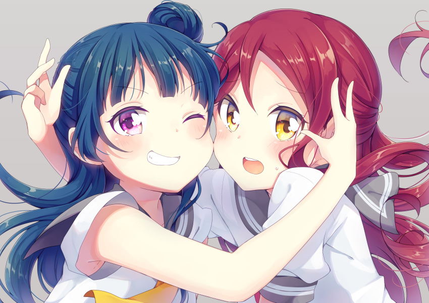 2girls absurdres aizaki_(aizkaizk) bangs blue_hair blunt_bangs blush cheek-to-cheek commentary_request eyebrows_visible_through_hair grey_background grey_sailor_collar grin hair_bun highres long_hair looking_at_viewer love_live! love_live!_sunshine!! multiple_girls one_eye_closed open_mouth redhead sailor_collar sakurauchi_riko school_uniform serafuku shiny shiny_hair short_sleeves side_bun simple_background smile sweatdrop tsushima_yoshiko upper_body violet_eyes yellow_eyes yellow_neckwear