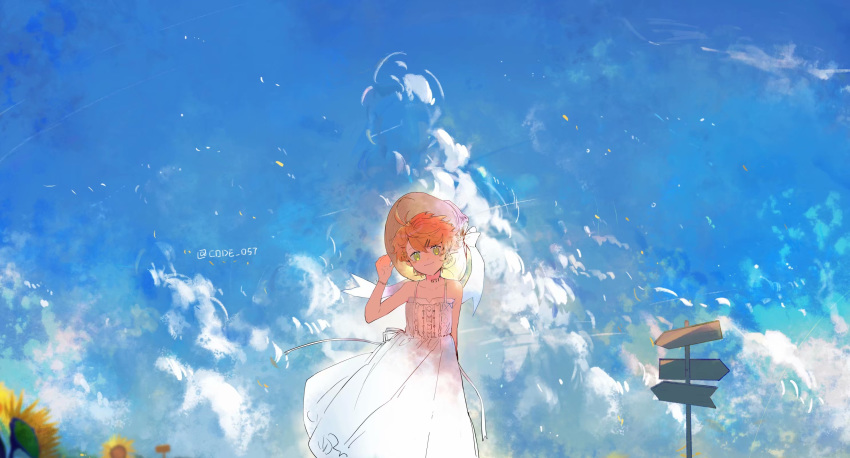 1girl adjusting_clothes adjusting_hat ahoge arm_up artist_name bangs blue_sky bow brown_headwear closed_mouth clouds cloudy_sky collarbone day dress emma_(yakusoku_no_neverland) eyebrows_visible_through_hair facing_viewer flower green_eyes hair_between_eyes hair_ornament hairclip hat hat_bow highres light looking_at_viewer lucky_small_pride neck_tattoo number_tattoo orange_hair outdoors pointer short_hair signpost sky sleeveless sleeveless_dress smile solo standing summer sundress sunflower tattoo twitter_username white_bow white_dress wind yakusoku_no_neverland yellow_flower