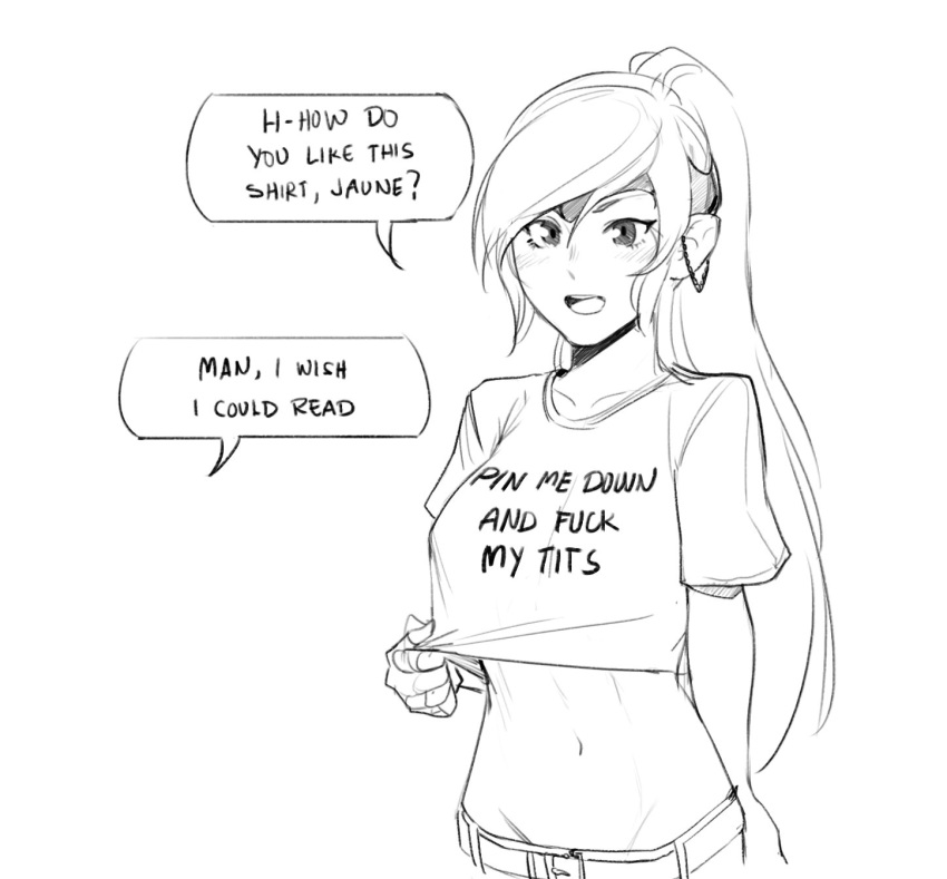 1girl ? belt belt_buckle blush breasts buckle circlet collarbone english_text hair_between_eyes highres less long_hair medium_breasts midriff monochrome navel open_mouth ponytail pyrrha_nikos rwby shirt short_hair solo speech_bubble stomach t-shirt talking upper_body white_background