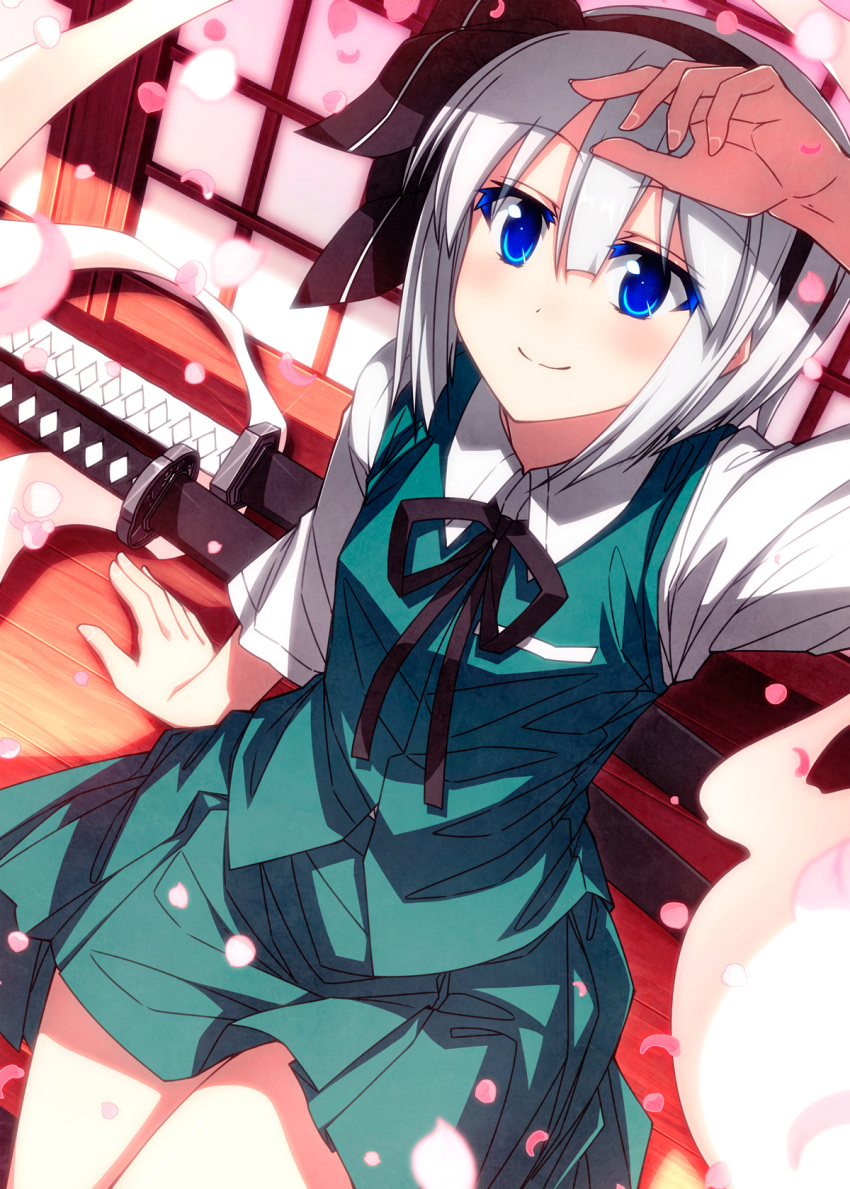 1girl arm_at_side arm_up bangs black_hairband black_neckwear black_ribbon blue_eyes blush breast_pocket closed_mouth collared_shirt colored_eyelashes commentary_request eyebrows_visible_through_hair from_above green_skirt green_vest hair_ribbon hairband highres hitodama katana konpaku_youmu konpaku_youmu_(ghost) long_sleeves looking_at_viewer looking_up miniskirt neck_ribbon petals pocket ribbon sazanami_mio sheath sheathed shirt short_hair silver_hair sitting skirt smile solo sword touhou vest weapon white_shirt wing_collar