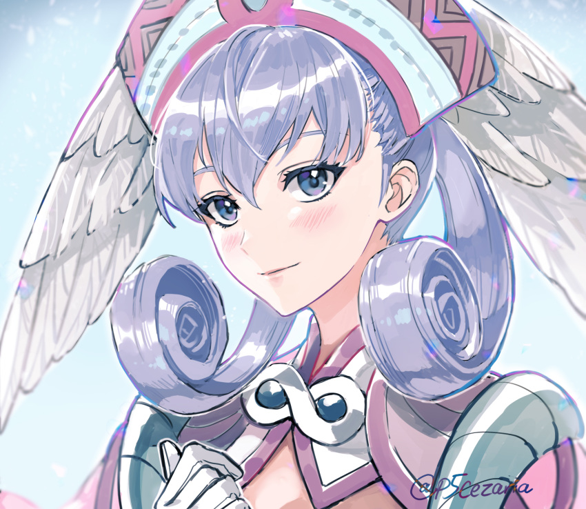 1girl blue_eyes closed_mouth curly_hair gloves hat head_wings highres melia obo silver_hair smile solo twitter_username upper_body white_gloves xenoblade_(series) xenoblade_1