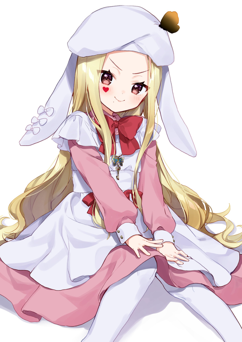 &gt;:) 1girl absurdres animal_ears animal_hat apron bangs blonde_hair blush bow brown_eyes bunny_hat closed_mouth dress facial_mark fake_animal_ears hat heart highres key long_hair long_sleeves luis_cammy nijisanji pantyhose parted_bangs pink_dress rabbit_ears red_bow sitting sleeves_past_wrists smile solo v-shaped_eyebrows very_long_hair virtual_youtuber white_apron white_background white_bow white_headwear white_legwear yamabukiiro younger