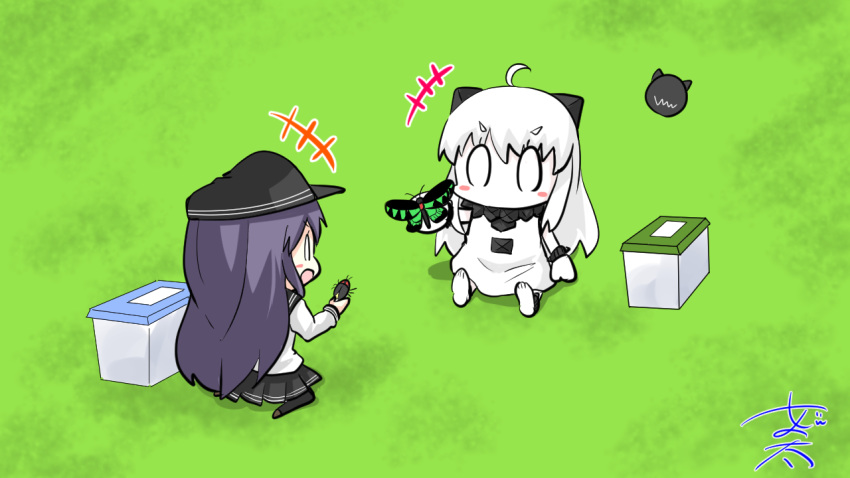 2girls ahoge akatsuki_(kantai_collection) bug butterfly commentary commentary_request doubutsu_no_mori hat holding holding_bug insect kantai_collection lawn long_hair long_sleeves multiple_girls northern_ocean_hime nyonyonba_tarou purple_hair sailor_hat school_uniform short_hair sitting skirt striped white_hair